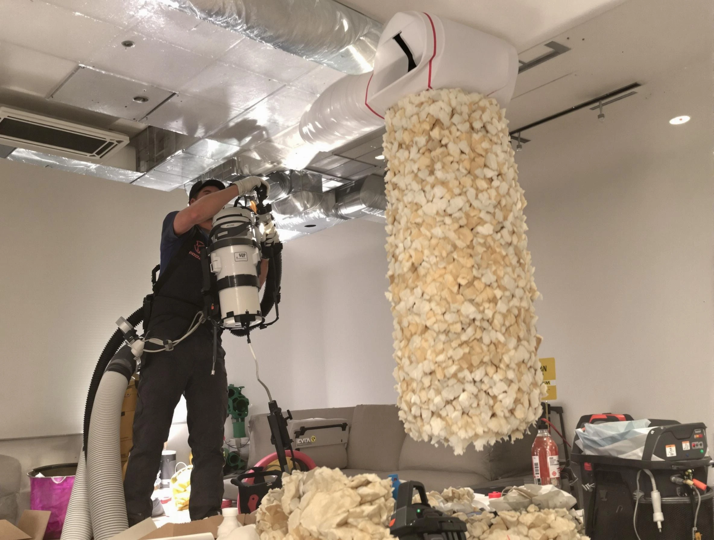 Los Lunas Air Duct Cleaning technician performing precision vacuum insulation removal in a residential property in Los Lunas